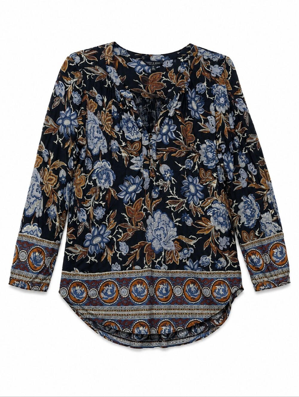 Lucky Brand Navy Floral Viscose Peasant Blouse